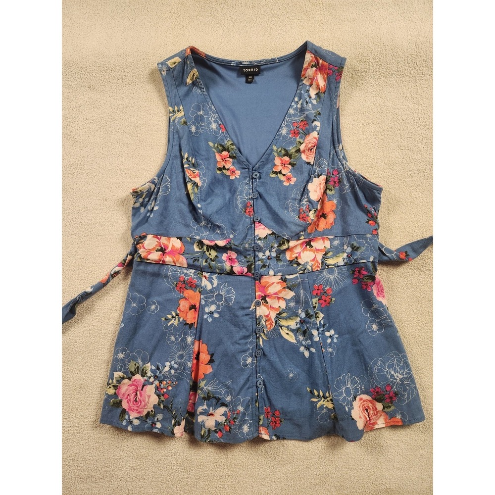 Torrid Tank Top Womens 00 Blue Floral Sleeveless Button Front Tie Waist Rayon